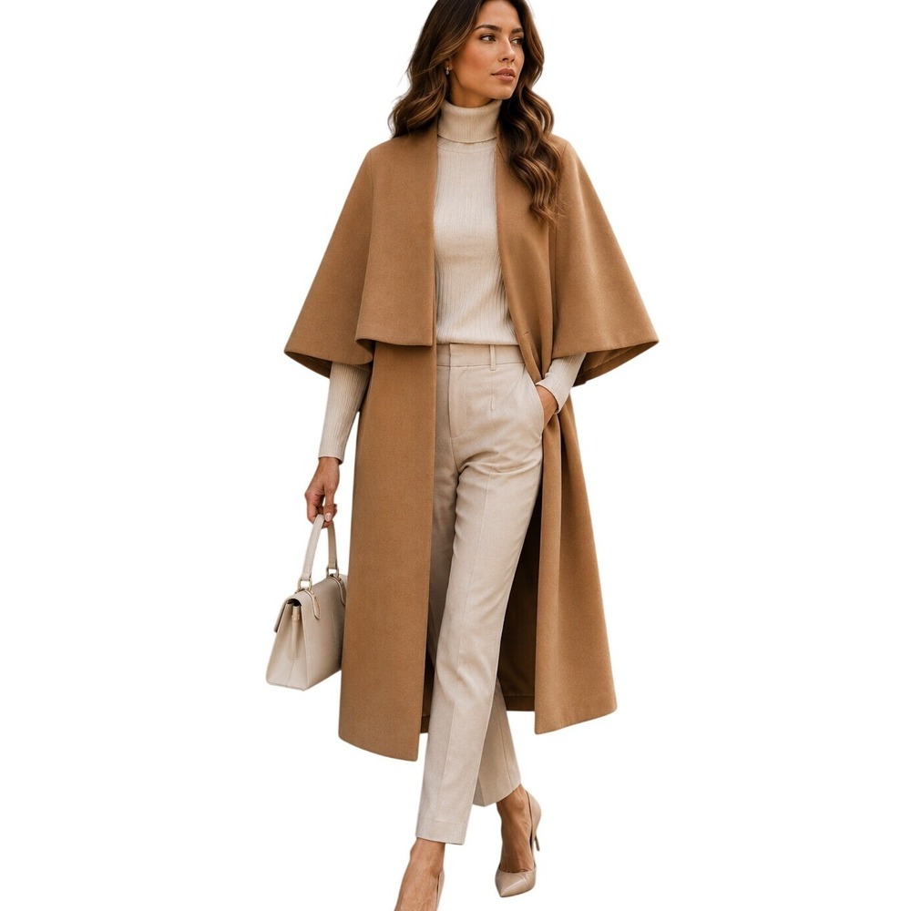 NWT Missguided Camel Longline Cape Coat Women's Size 10 Quiet Luxury